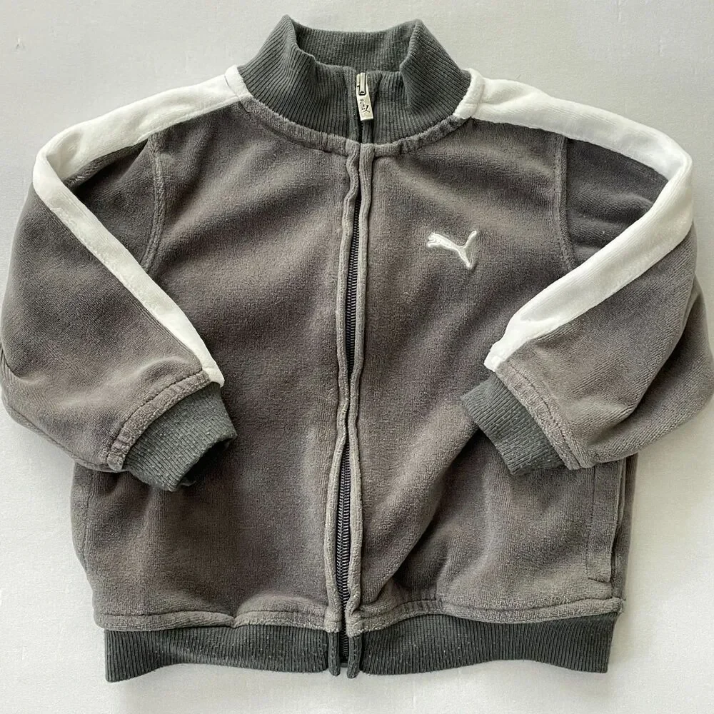 ~ Kids Puma 18m Velour Gray Jacket Full Zip Grey Soft Baby Toddler 18 mo White